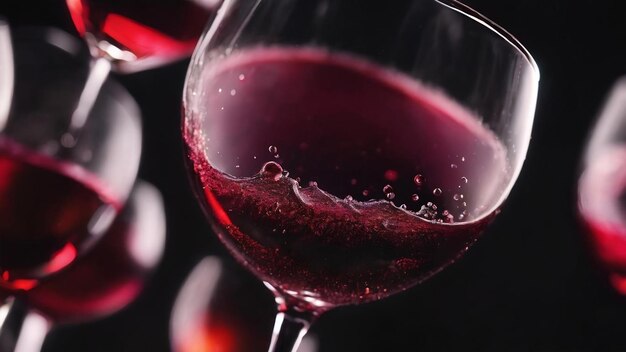 Vue rapprochée d'un verre de cristal de vin rouge avec des bulles sur fond noir