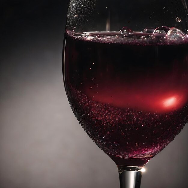 Vue rapprochée d'un verre de cristal de vin rouge avec des bulles sur fond noir