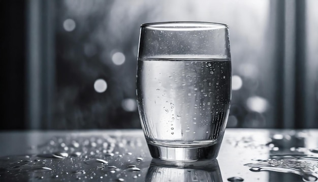 Vue rapprochée d'un verre d'eau et de gouttes sur la table Boisson minérale rafraîchissante Tons gris