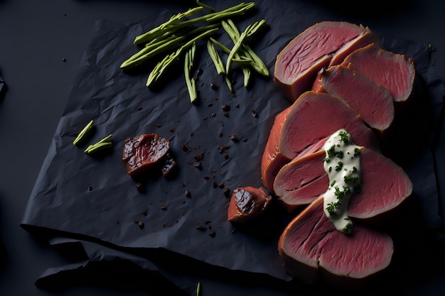 Une vue rapprochée de la viande fraîche aux tons rougeâtres parfaitement préparée pour éveiller le désir d'une expérience culinaire exceptionnelle Généré par AI