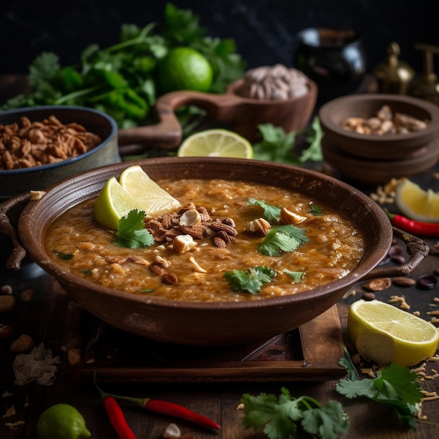 Vue rapprochée de la viande pakistanaise de haleem et du ragoût de lentilles avec du pain paratha