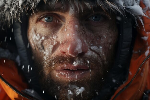 Vue rapprochée d'un visage d'alpiniste luttant contre l'ai génératif