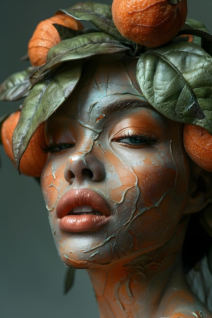 Vue rapprochée d'un visage de femme avec des cils et un costume de gourd de calabaze