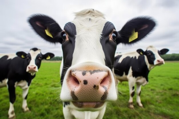 Vue rapprochée d'un visage de vache holstein dans un champ vert