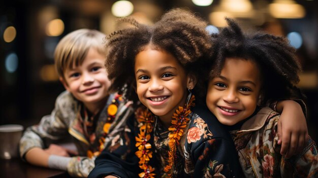 Vue rapprochée des visages d'un groupe de jeunes garçons et filles ruraux africains souriants