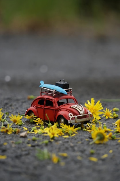 Vue rapprochée d'une voiture de jouet avec des fleurs sur terre