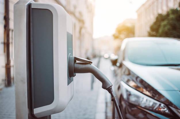 Vue rapprochée de la voiture de recharge électrique
