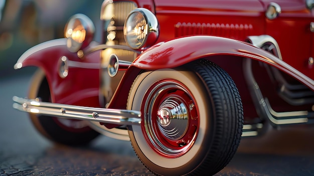 Photo vue rapprochée d'une voiture rouge classique des années 1930 montrant son capuchon et son pneu brillants