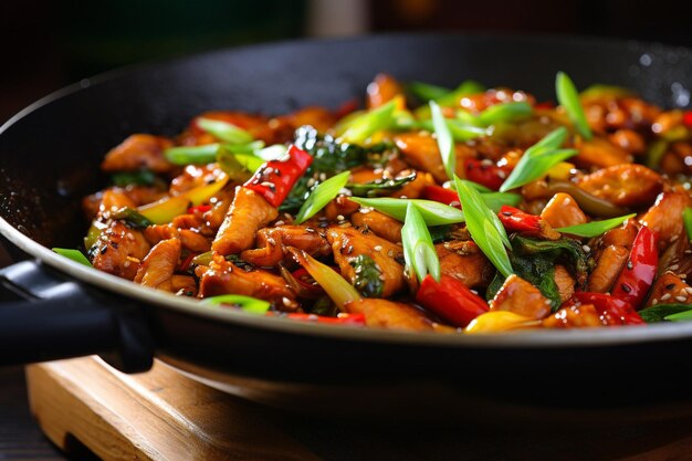 Vue rapprochée d'un wok rempli de poulet brûlant et de poivrons colorés