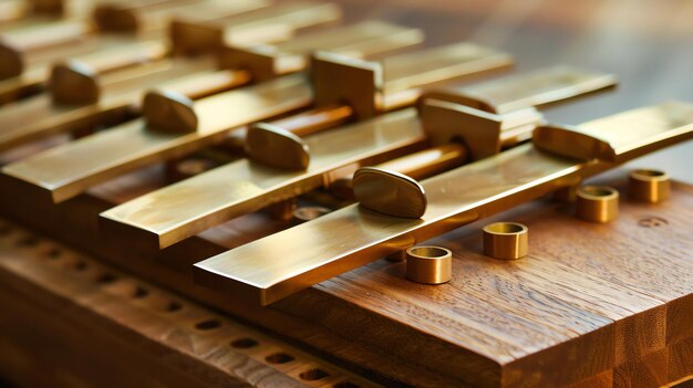 Vue rapprochée d'un xylophone en bois et en métal Le xylophone est placé sur une table en bois