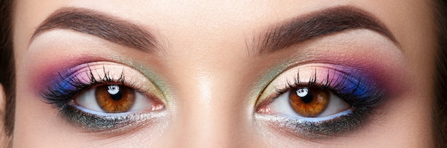 Vue Rapprochée Des Yeux Bruns Féminins Avec Le Maquillage Du Soir. Yeux Smokey Roses Et Bleus Colorés.