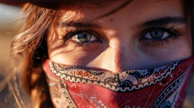 Photo vue rapprochée des yeux d'une femme qui regarde un masque à motifs