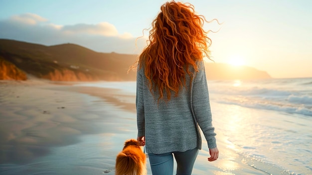 Une vue rare d'une femme aux cheveux roux se promène avec un petit chien sur une plage