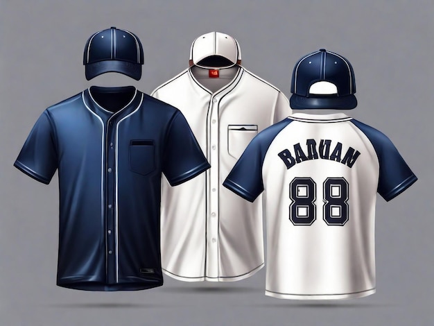 Photo vue réaliste avant et arrière des éléments de la chemise et de la casquette de l'uniforme de baseball illustration vectorielle isolée