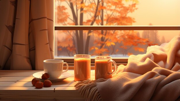Photo une vue d'un rebord de fenêtre montre des cafés et des citrouilles sur un canapé