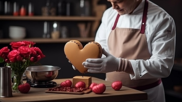 vue recadrée d'une fleuriste féminine en tablier tenant un biscuit en forme de coeur