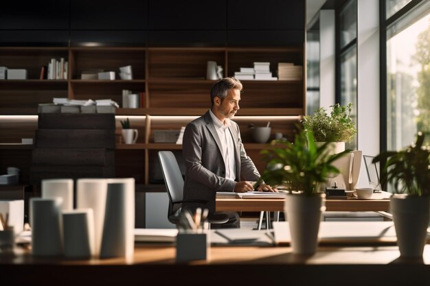 vue recadrée d'un homme d'affaires dans un bureau moderne, photographie à lumière douce