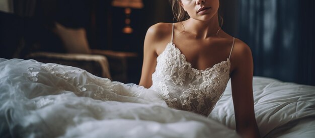 Vue recadrée de la jeune femme en robe de mariée assise sur le lit dans la chambre ai générative