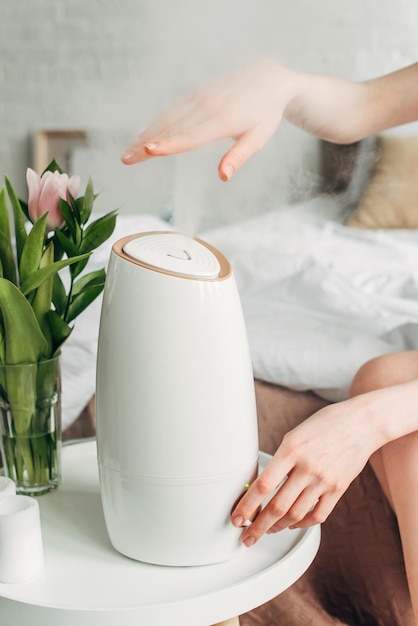 Vue recadrée des mains féminines avec tulipes et purificateur d'air diffusant de la vapeur