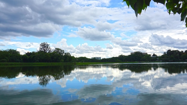 Vue rétro-éclairée sur la rivière et réflexion du ciel dans une belle eau avec des arbres au milieu