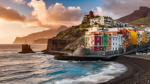 Photo vue sur le rivage de l'océan et les bâtiments colorés sur le rocher à punta brava puerto de la cruz tenerife