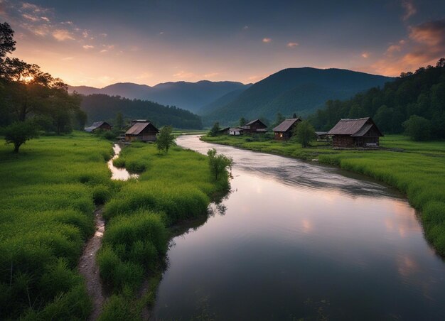 Vue sur la rivière avec coucher de soleil, forêt profonde et montagne