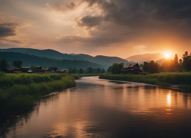 Vue sur la rivière avec coucher de soleil, forêt profonde et montagne