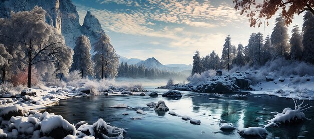 une vue sur une rivière couverte d'arbres couverts de neige dans le style de nuages éthérés