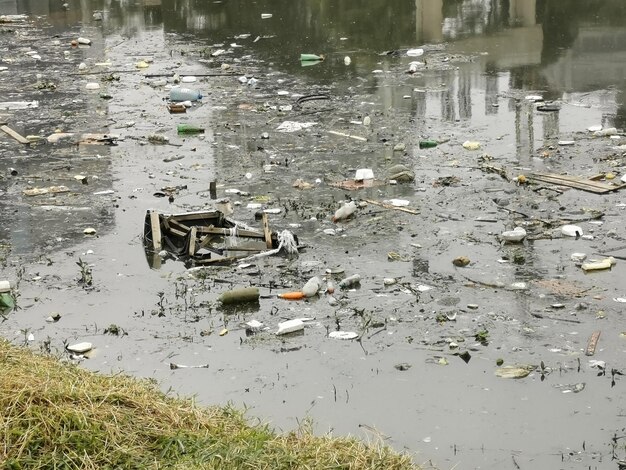 Vue sur rivière polluée au milieu de la nature