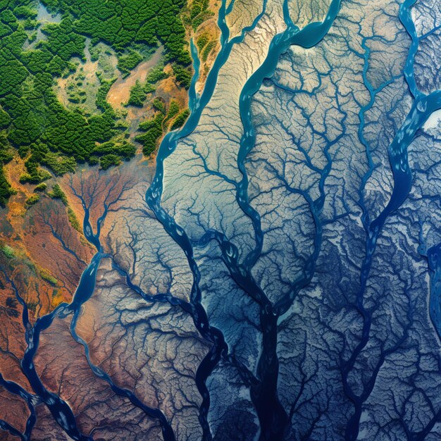 Photo une vue d'une rivière traversant une vallée à côté d'une forêt générative ai