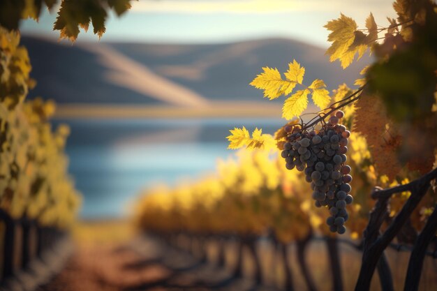 Vue romantique d'un vignoble avec raisins et vignes