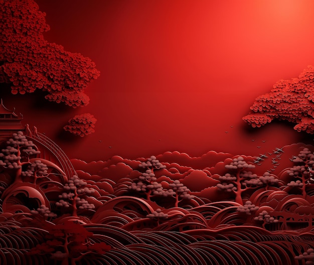 Vue rouge 3D avec arbre et nuage sur fond rouge style chinois GenerativeAI