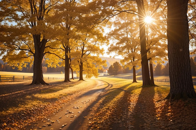 vue d'une route dans un parc avec des arbres et des feuilles