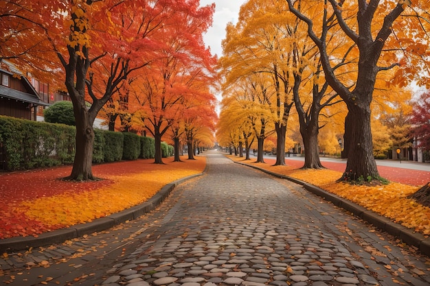 vue d'une route pavée avec des arbres à l'automne