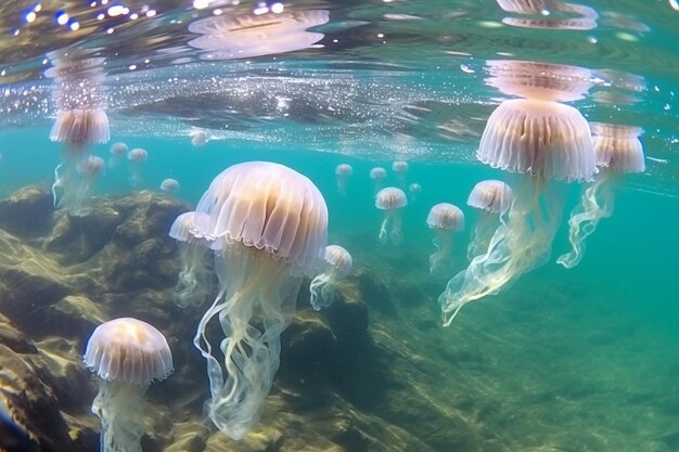 Vue d'un royaume majestueux de méduses dans l'océan