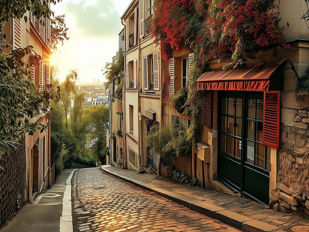 Photo vue de la rue du matin avec des cafés et des restaurants à paris sur montmartre