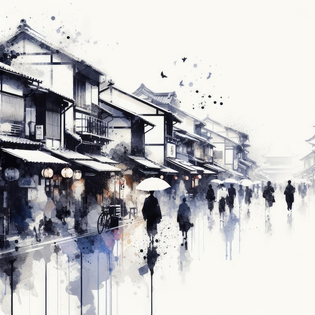 Vue de la rue de Kyoto Gion en peinture à l'encre avec l'IA générative