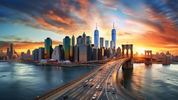 Vue de la rue Madison et du Lower Manhattan au coucher du soleil