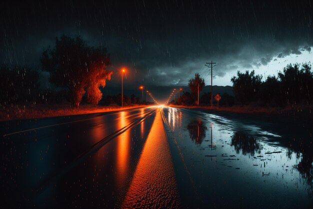 vue sur la rue la nuit après la pluie, quand il fait humide, ai générative