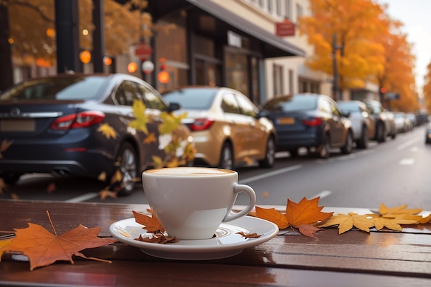 Vue sur la rue d'une table de café avec café et feuilles d'automne