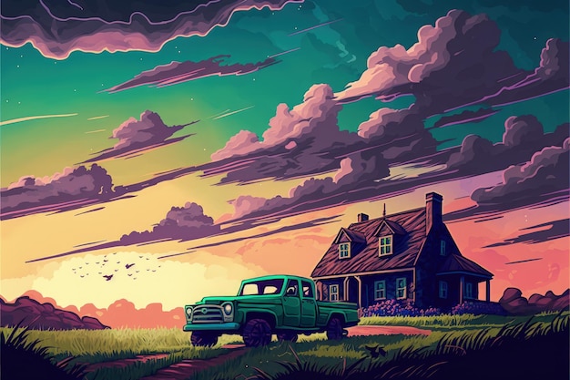 Vue rustique avec camionnette vintage et vieille maison sous un ciel coloré Concept fantastique Peinture d'illustration AI générative