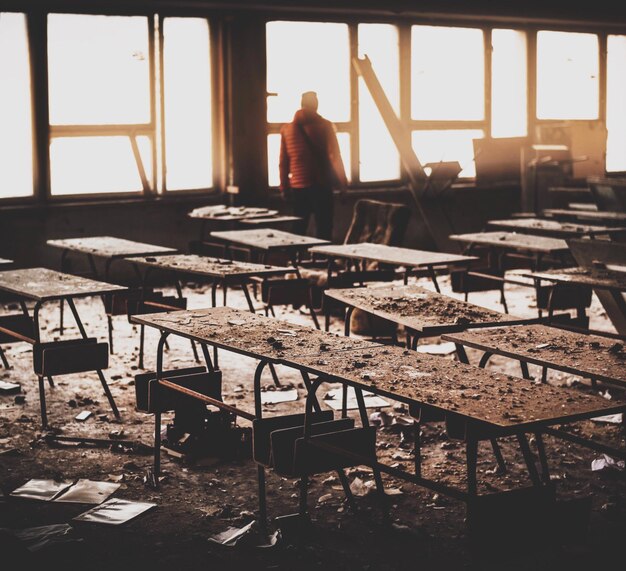 Photo vue d'une salle de classe abandonnée