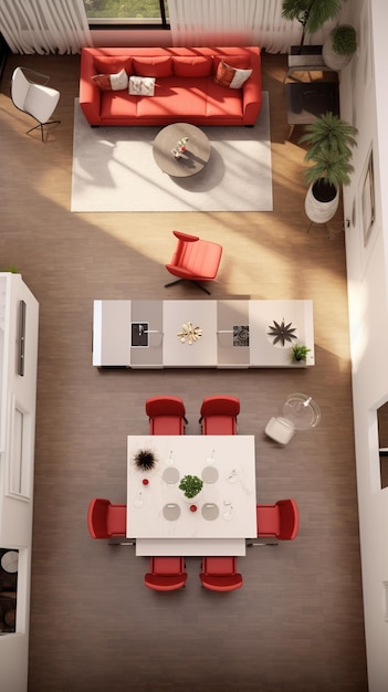 une vue d'un salon avec un canapé rouge et une table blanche générative ai
