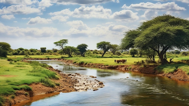 Photo une vue de savane verte et d'une rivière avec beaucoup d'animaux dessus