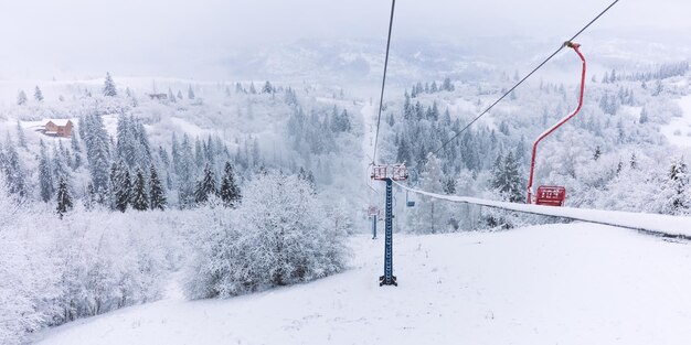 Vue de scène d'hiver de la forêt de pins enneigée et du funiculaire de ski dans les montagnes