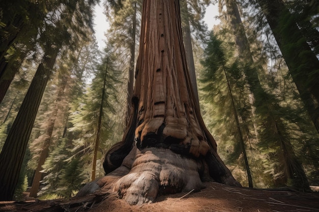 Photo vue d'un séquoia imposant avec le sol de la forêt en vue