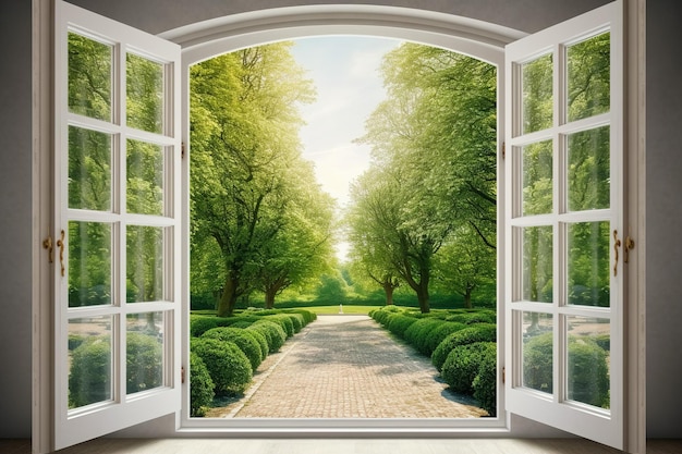 Photo vue sereine du jardin par une fenêtre ouverte par une journée ensoleillée