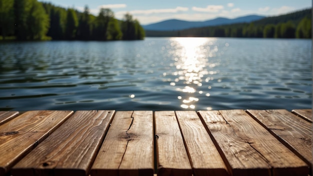 Vue sereine du lac depuis un quai en bois au lever ou au coucher du soleil