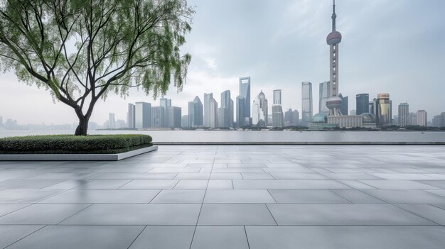 Photo vue sereine du paysage urbain avec des arbres verts et l'horizon urbain