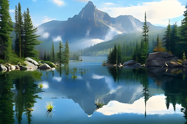 La vue sereine sur les montagnes se reflète dans les eaux calmes d'un lac vitré.